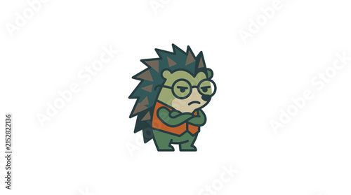 A grumpy cartoon hedgehog wearing glasses and a vest stands with arms crossed