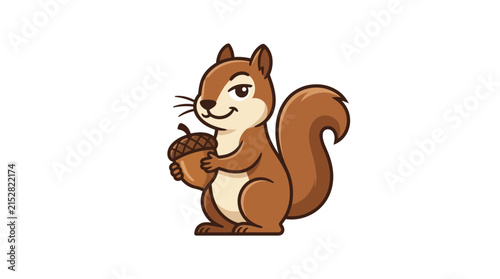 A cute cartoon squirrel holding a brown acorn on a white background