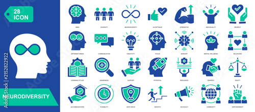 Neurodiversity Solid Icon Set. Featuring diverse thinking, cognitive differences, brain awareness, and inclusive learning. Vector icons for education platforms and workplace programs.