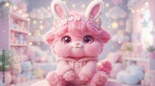 Cute Pink Fluffy Bunny Character in Cozy Room with Soft Lights