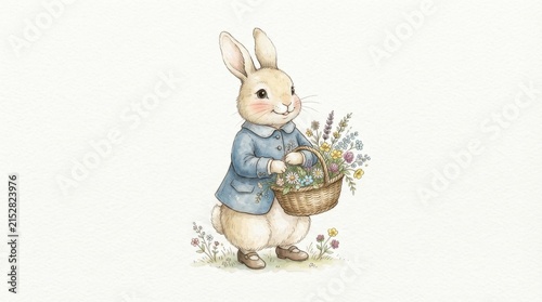 Cute Rabbit Character in Blue Coat Holding Flower Basket, Watercolor Illustration