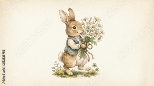 Cute Rabbit Holding Daisy Bouquet, Watercolor Illustration, Spring Meadow, Adorable Animal