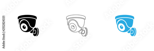 Three security camera icons in different colors showing surveillance isolated on transparent background, Vector