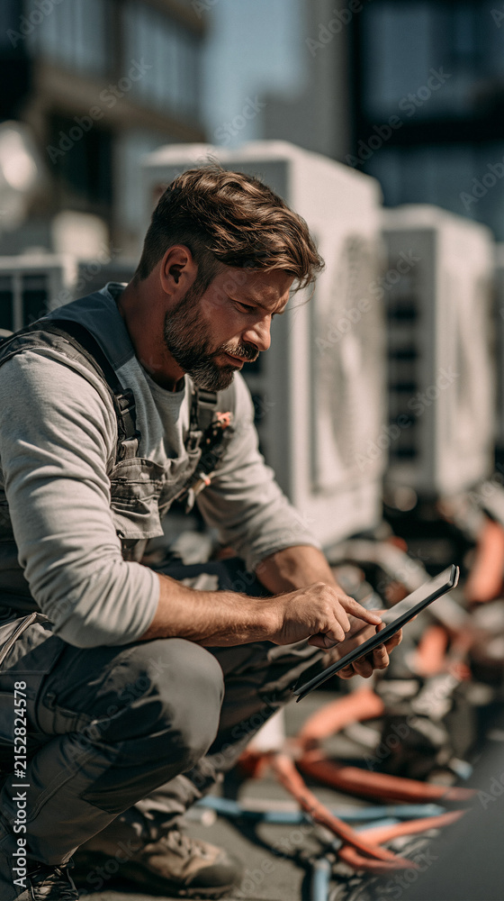 Fototapeta premium HVAC Technician at Work: A focused HVAC technician with a beard, wearing overalls, crouches while examining a tablet computer on a rooftop with multiple air conditioning units.