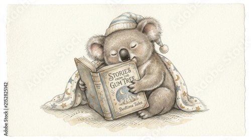 Cute sleepy koala bear wearing a nightcap, reading a bedtime story book