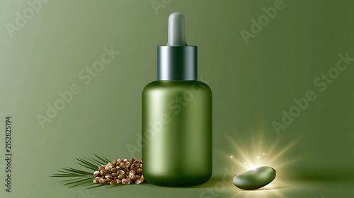 Premium green glass dropper bottle with natural seed and leaf on green background, symbolizing organic skincare and fresh beauty care product