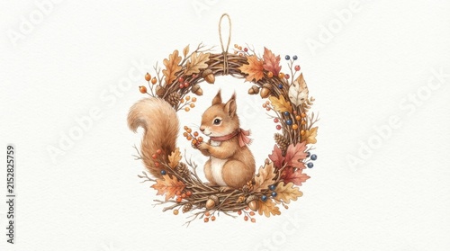 Cute Squirrel in Autumn Wreath with Fall Leaves and Acorns