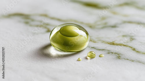 Glowing green gel drop with smaller droplets on white marble surface, showcasing smooth texture and reflective light, creating fresh and clean visual effect