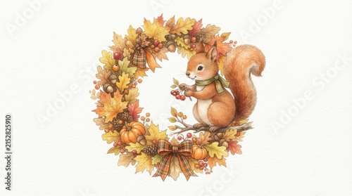 Cute Squirrel in Autumn Wreath with Pumpkins and Berries, Watercolor Illustration