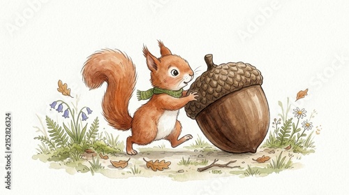 Cute squirrel pushing a giant acorn, autumn forest scene, watercolor illustration