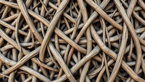 Close up of tightly interwoven wicker texture showing natural wooden strands
