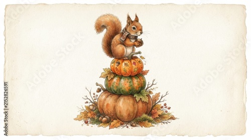 Cute Squirrel Sitting on Stacked Pumpkins with Autumn Leaves - Watercolor Illustration