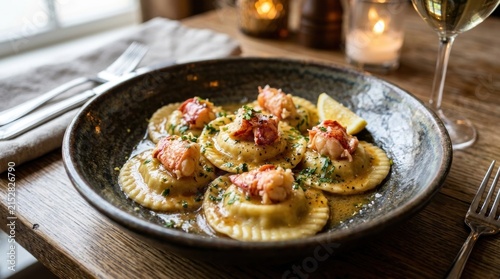 gourmet lobster ravioli topped with lobster meat and butter sauce