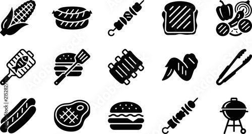 Set of various barbecue and grilling food icons in solid black style.
