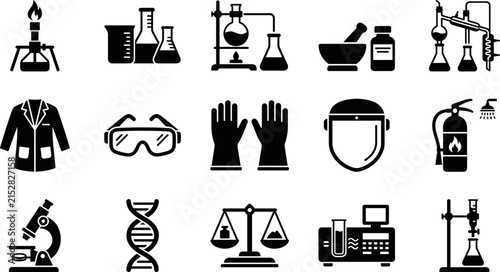 Collection of laboratory equipment and safety gear icons.