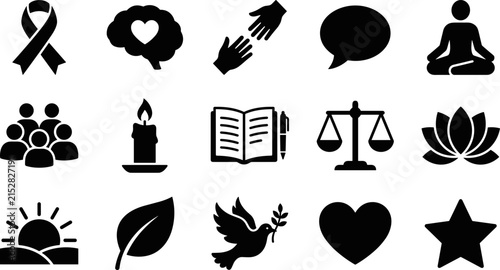 Collection of various black and white icons for mental health and wellness.