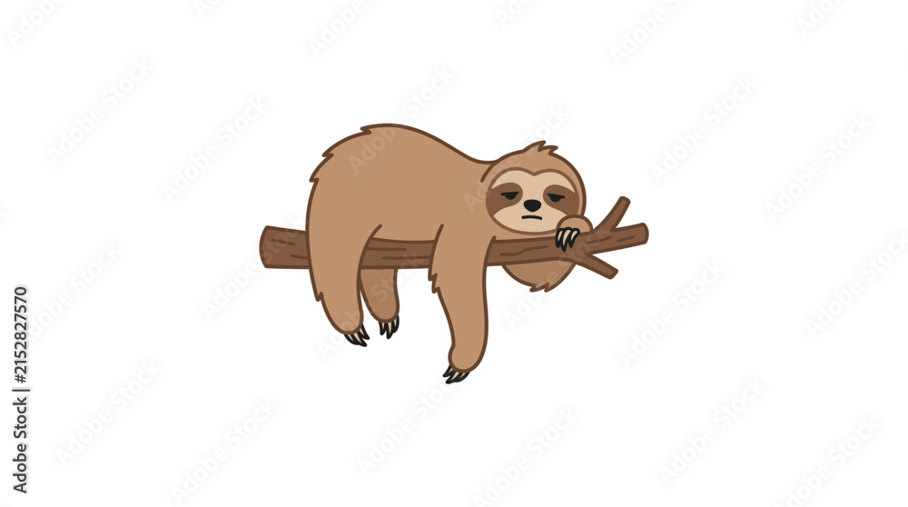 Obraz premium A cute cartoon sloth rests peacefully on a wooden tree branch