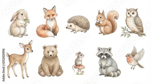 Cute Watercolor Forest Animals Collection: Bunny, Fox, Bear, Owl, Deer, Squirrel, Hedgehog, Raccoon, Mouse, Robin