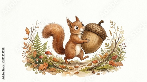 Cute watercolor squirrel carrying a giant acorn in autumn forest