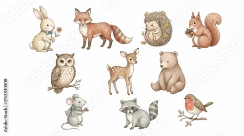Cute Woodland Animals Watercolor Illustration - Rabbit, Fox, Owl, Deer, Bear, Squirrel, Hedgehog, Mouse, Raccoon, Robin