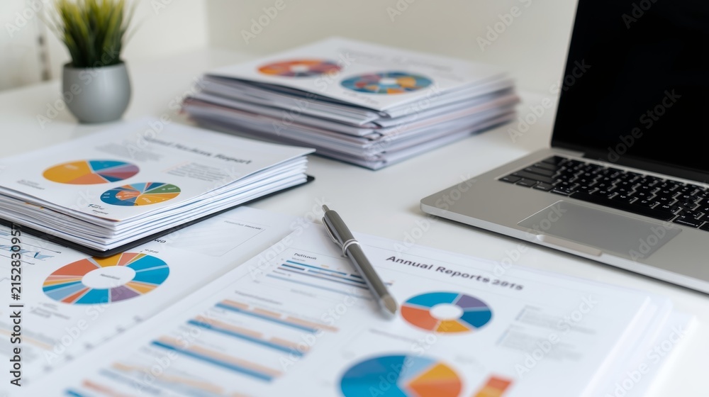 Obraz premium Professional Workspace with Financial Annual Reports, Data Analysis Charts, Laptop and Pen on Desk