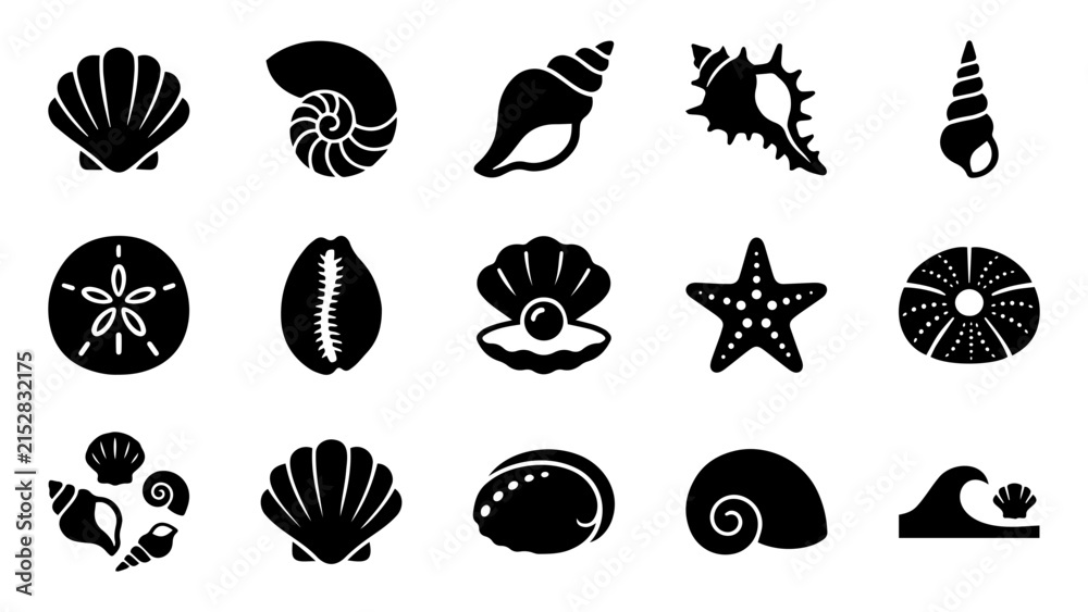 Obraz premium Seashell Icon Set with Starfish Sand Dollar and Pearl Shell Isolated on White Background