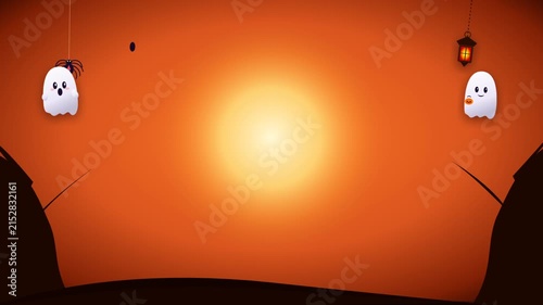 Halloween orange background with cute ghosts lantern and spider for festive holiday graphic design copy space