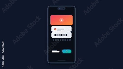 Mobile App Interface Design Showing Digital Ticket Barcode and Shopping Cart Icon on Smartphone Screen