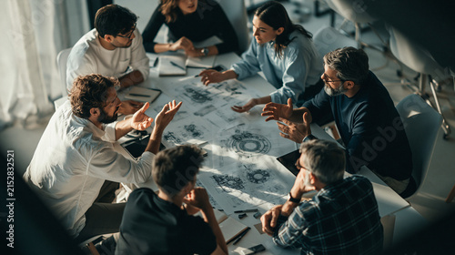 Strategic Planning Session: A group of diverse professionals collaborates around a table, engrossed in discussion over blueprints and design documents.