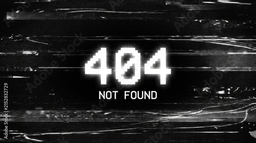 Digital 404 error page displayed with heavy static noise on a black and white screen background