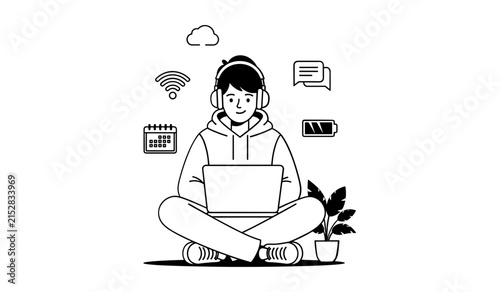 Young person sitting cross legged using laptop computer while wearing headphones surrounded by floating digital icons black white line art style
