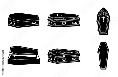 Foto 70 Vector Coffin Icons Set, Gothic Funeral Casket Illustrations, Black Victorian