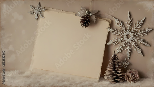 Blank Christmas card mockup with snowflakes pine cones and festive winter decorations