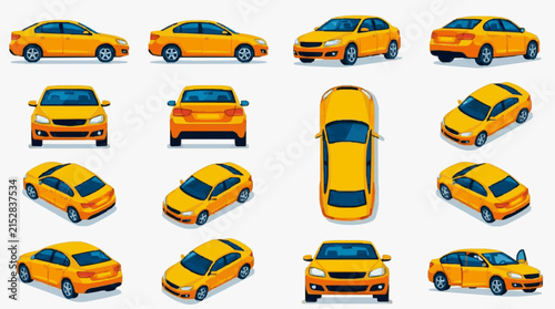 Industrial of Various Bright Yellow Cars in Multiple Angles and Views for Design and Presentation