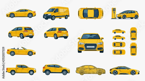 Industrial of Various Bright Yellow Vehicles and Car Designs for Creative Projects with high quality professional line art symbols for modern creative design and digital branding projects