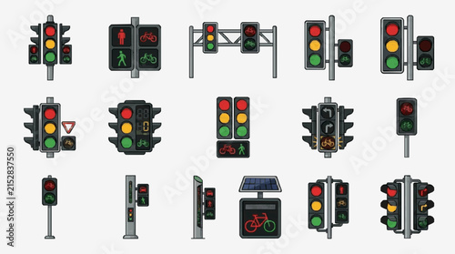 Industrial of Various Traffic Light Designs for Pedestrians Cyclists Vehicles with Solar Panel with high quality professional line art symbols for modern creative design and digital branding projects
