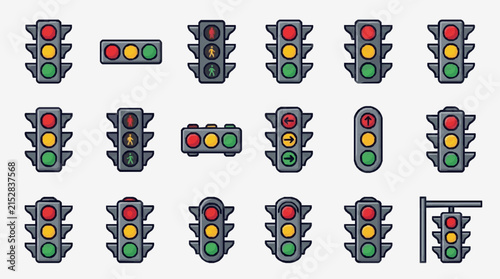 Industrial of Various Traffic Light Designs with Red Yellow Green Lights and Pedestrian Signals
