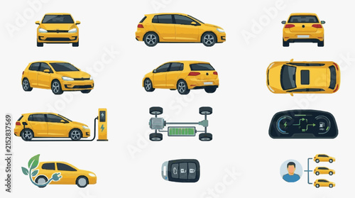 Industrial of Various Electric Vehicle Designs Charging Components and Management Systems in Bright Yellow