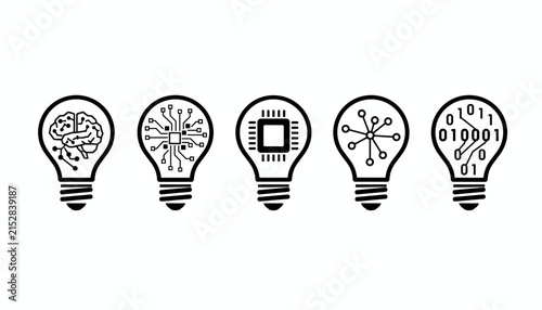 Innovative light bulb icons representing technology advancements through brain power, microchips, data networks, and binary code.