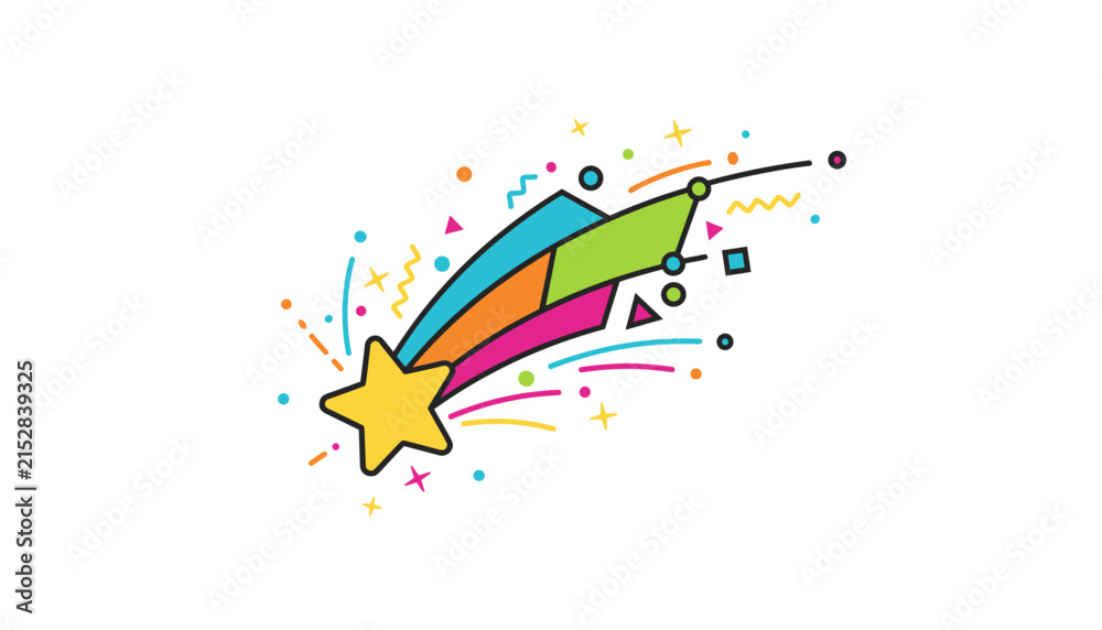 Obraz premium Colorful shooting star with a bright yellow star head and a rainbow tail surrounded by confetti, isolated on a white background.