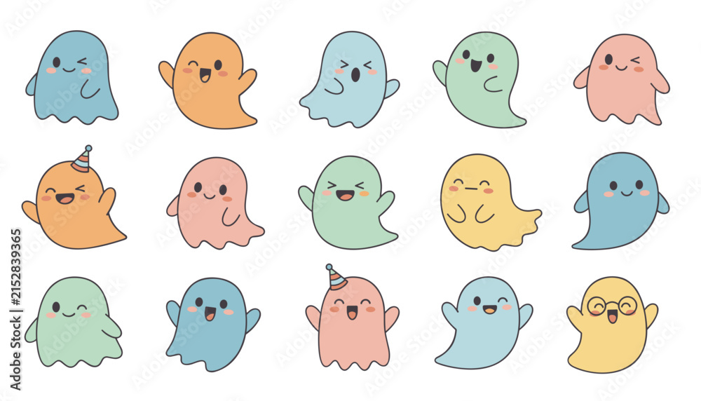 Obraz premium Grid of fifteen cute, colorful cartoon ghosts with various funny facial expressions, perfect for Halloween designs.