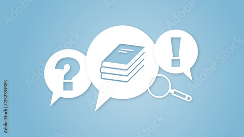 Фотография Conceptual education illustration with speech bubbles, a stack of books, a quest