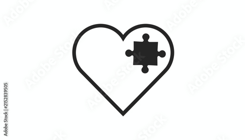 Heart outline with a matching black puzzle piece representing autism awareness, love, or emotional connection.