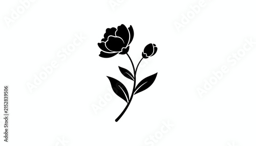 Elegant black silhouette of a blooming flower stem with delicate leaves and a small bud on a white background.