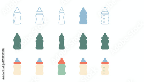 Various cute baby feeding bottles shown in different colors and outline styles for nursing and newborn concepts.