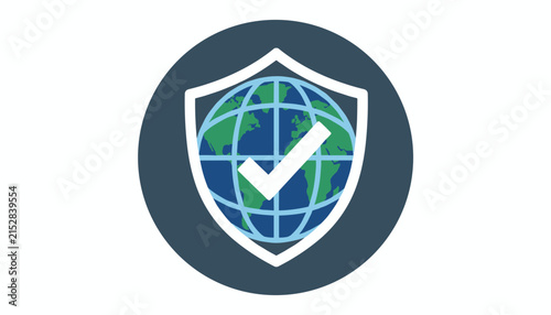 Circular security shield graphic with a green and blue world globe design and a bright white checkmark on top.