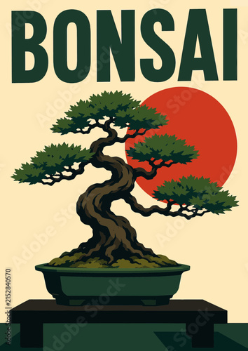 097-Bonsai tree growing in a pot on a stand with a red sun background and text