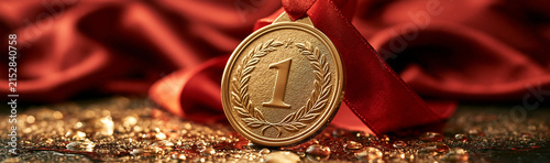The Champion's Prize: A gleaming gold medal, marked with the numeral 1 and a laurel wreath, rests on a textured surface scattered with golden fragments, draped by a rich red ribbon.