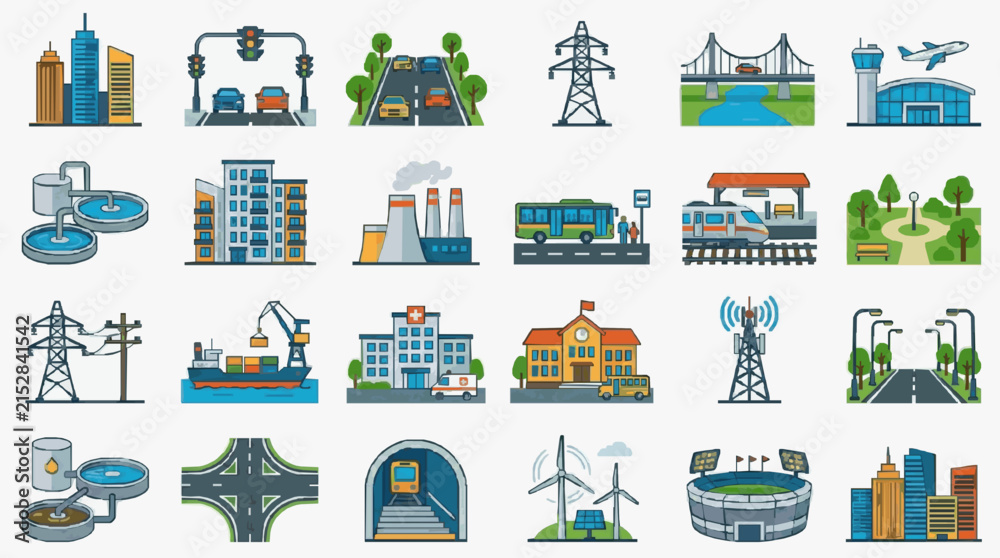 Fototapeta premium Creative Colorful Infographic Icons Set Showcasing Urban Infrastructure Transportation Utilities and Public Services