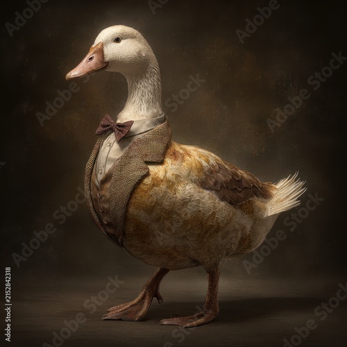 Anthropomorphic goose dressed in a formal suit and bow tie, standing against dark background